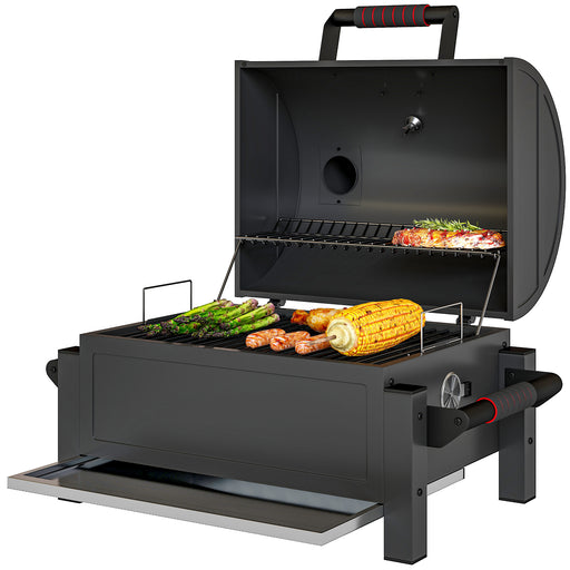 Outsunny - Tabletop Charcoal Smoker, Portable BBQ with Ash Catcher and Thermometer for Backyard, Camping, Picnic, Black