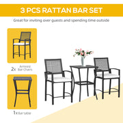 Outsunny - 3 Pieces Outdoor Wicker Bar Set, Classic Bistro Bar Set Garden Rattan Style Patio Bar Table & High Chairs w/ Cushions Home Bar Furniture, Cream White