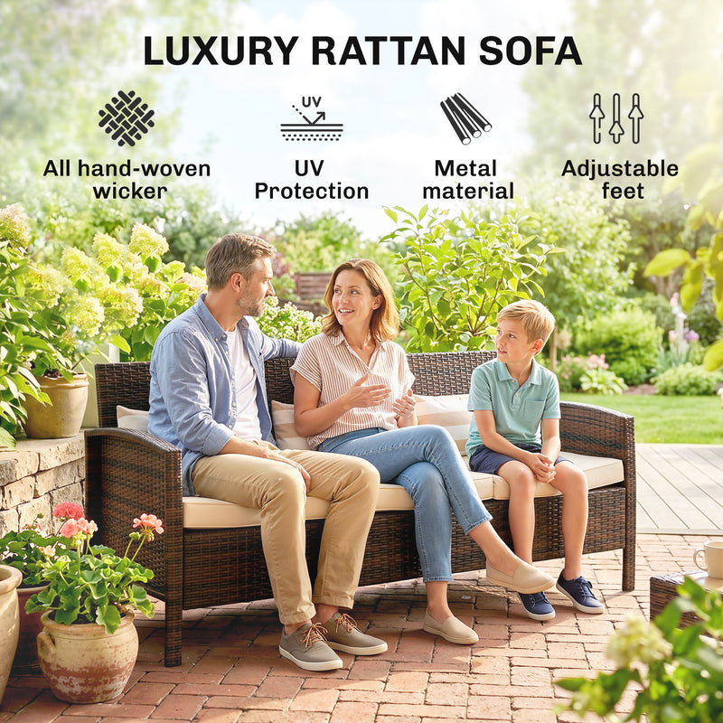 Outsunny - 3-Seater Wicker Sofa, PE Rattan Outdoor Couch Conversation Furniture with Removable Cushions for Patio, Garden, Brown