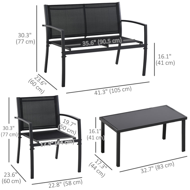 Outsunny - 4-Piece Patio Furniture Set with Glass Top Coffee Table, Breathable Mesh Seat & Backrest for Garden, Balcony, Black
